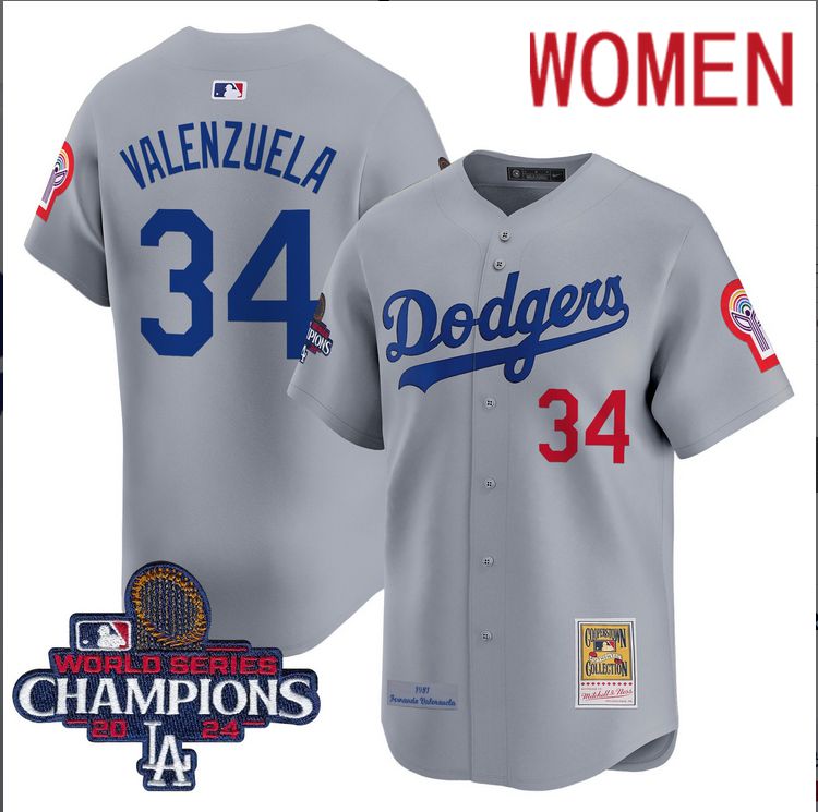Women MLB Los Angeles Dodgers 34 Valenzuela grey 2024 World Series Champions Patch Cooperstown Jersey